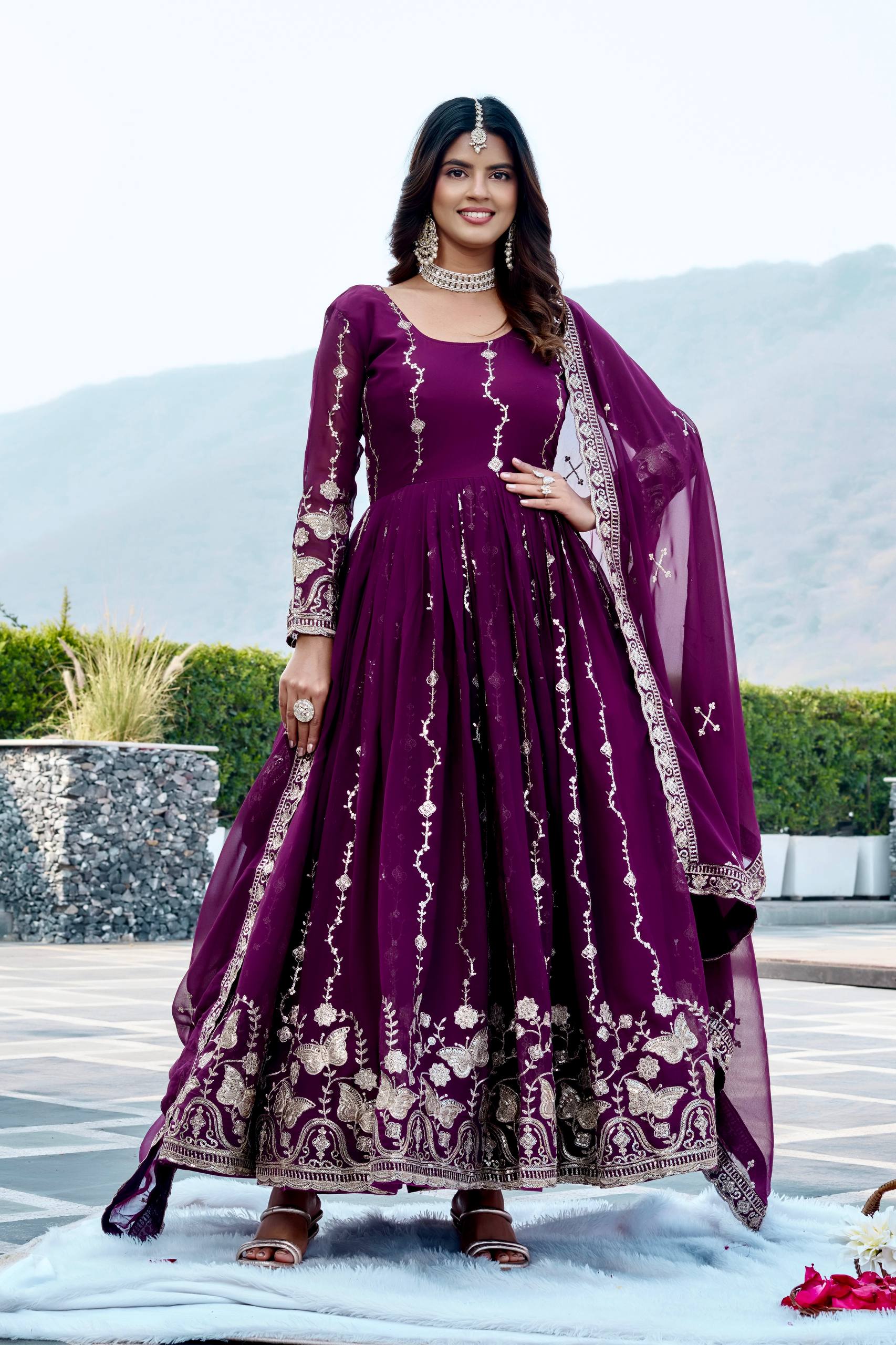 Purple Georgette Embroidered Festival Gown Set with Dupatta [2 PCS]
