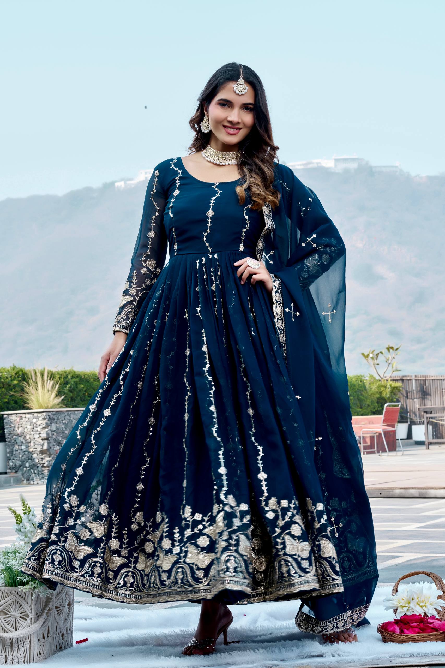 Navy Blue Georgette Embroidered Festival Gown Set with Dupatta [2 PCS]