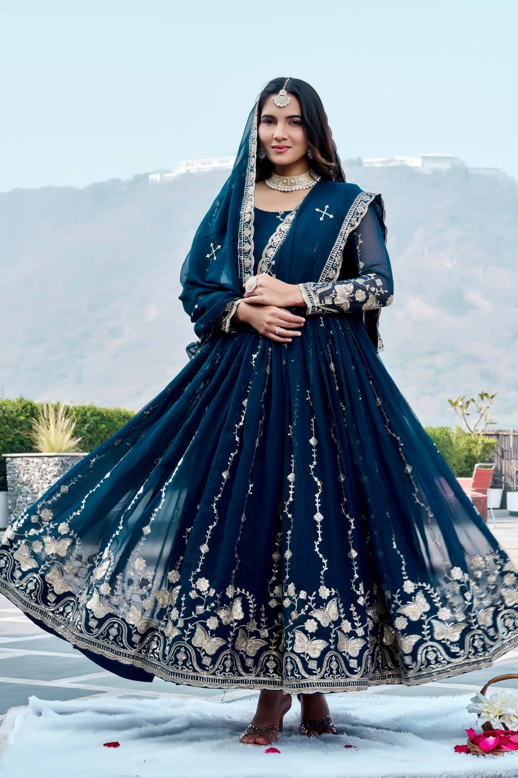 Navy Blue Georgette Embroidered Festival Gown Set with Dupatta [2 PCS]