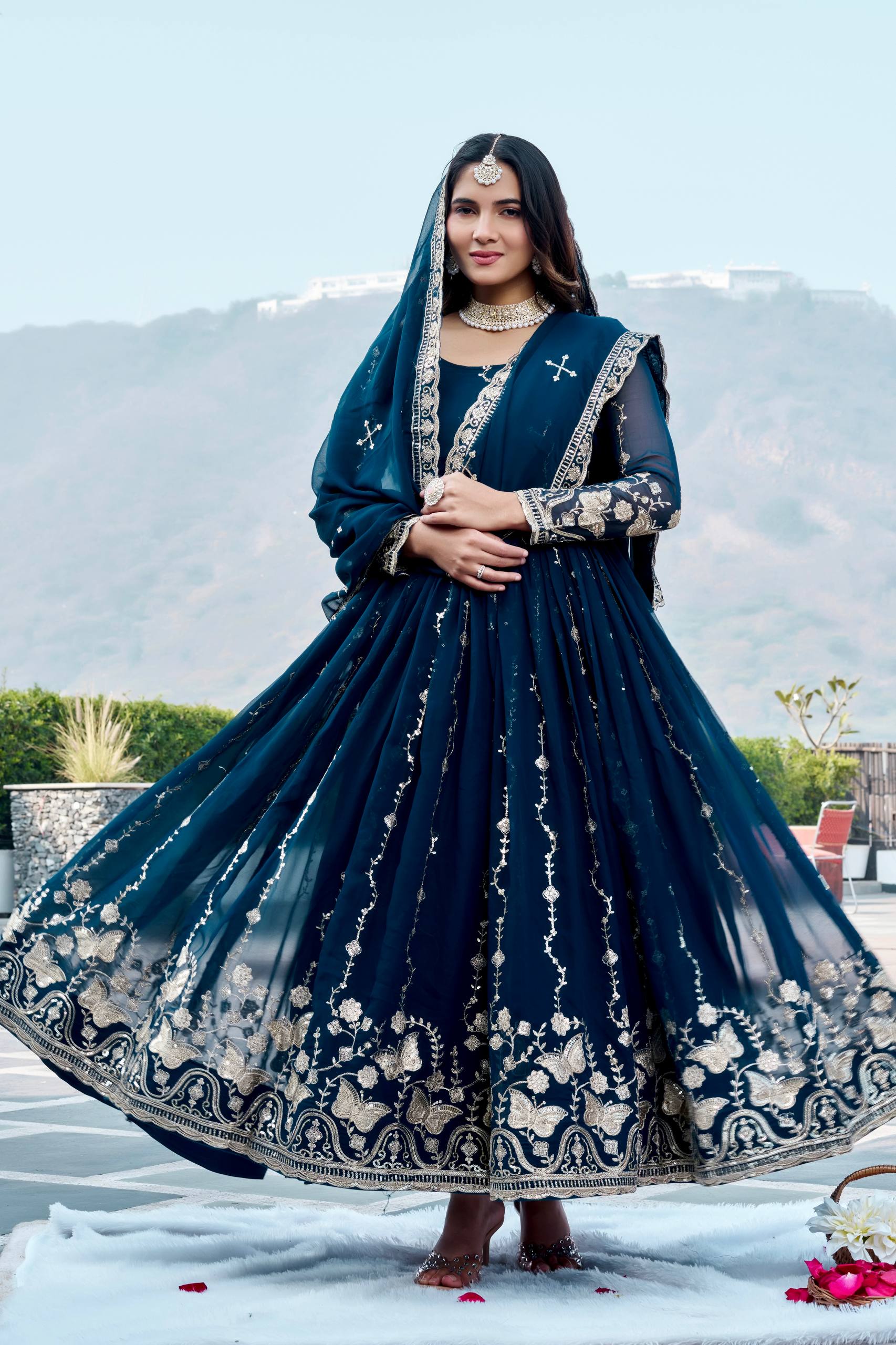 Navy Blue Georgette Embroidered Festival Gown Set with Dupatta [2 PCS]