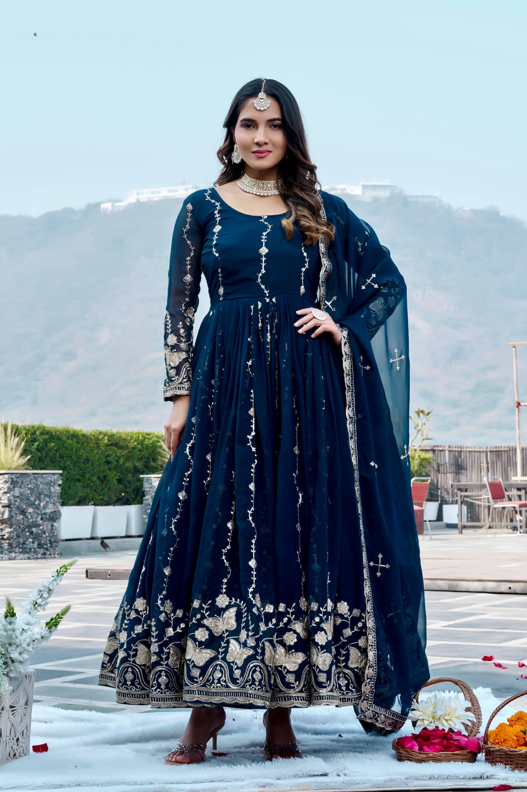 Navy Blue Georgette Embroidered Festival Gown Set with Dupatta [2 PCS]