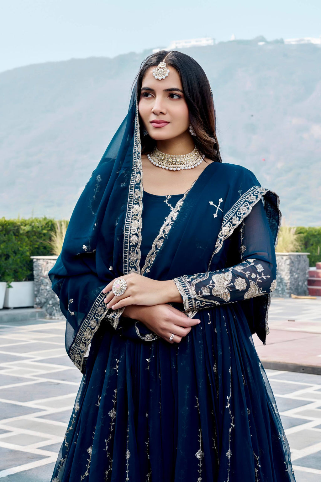 Navy Blue Georgette Embroidered Festival Gown Set with Dupatta [2 PCS]