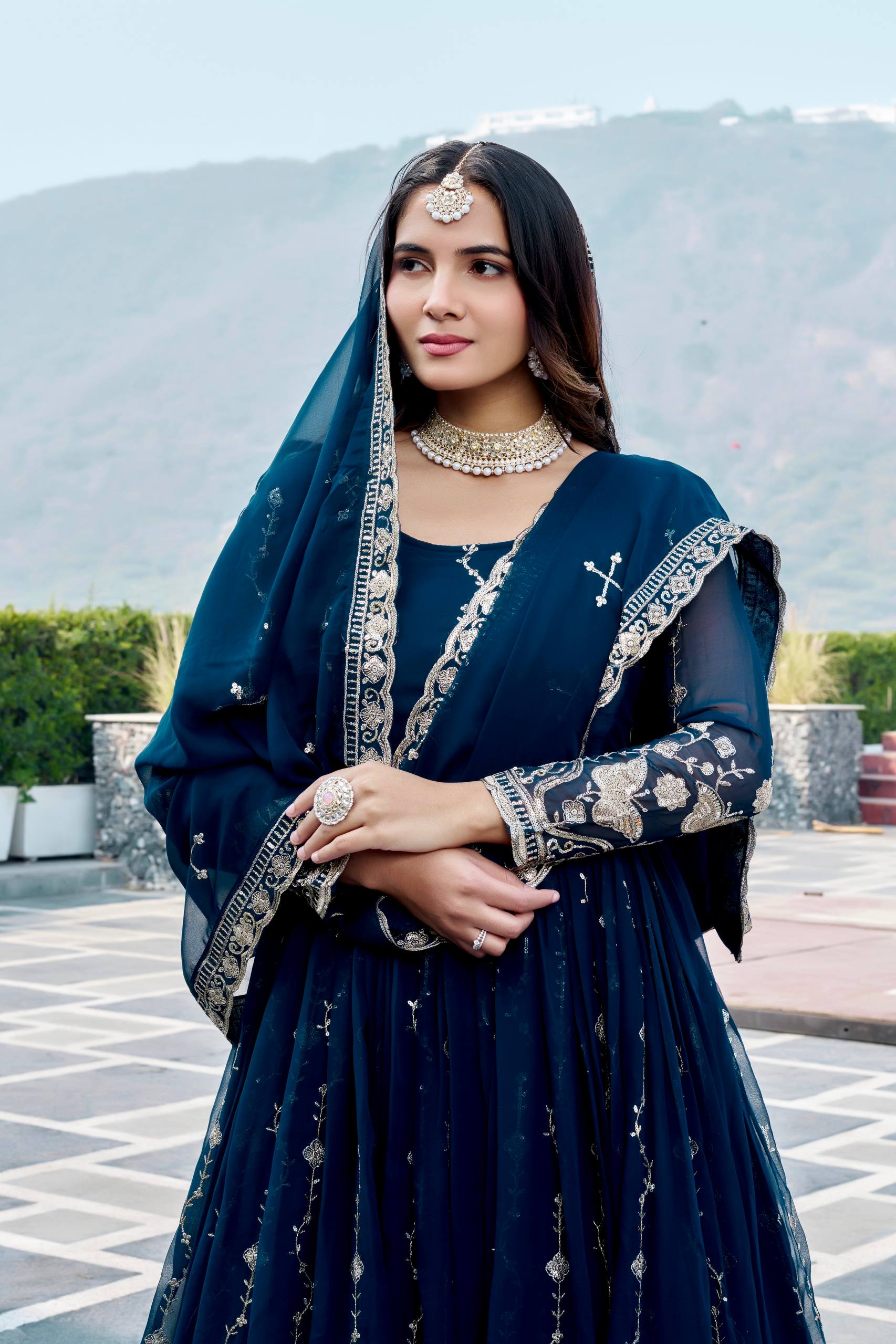 Navy Blue Georgette Embroidered Festival Gown Set with Dupatta [2 PCS]