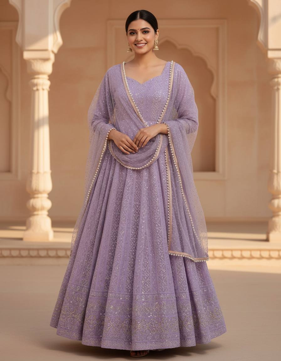 Lavender Lucknowi Embroidered Anarkali Suit Set [3 PCS]