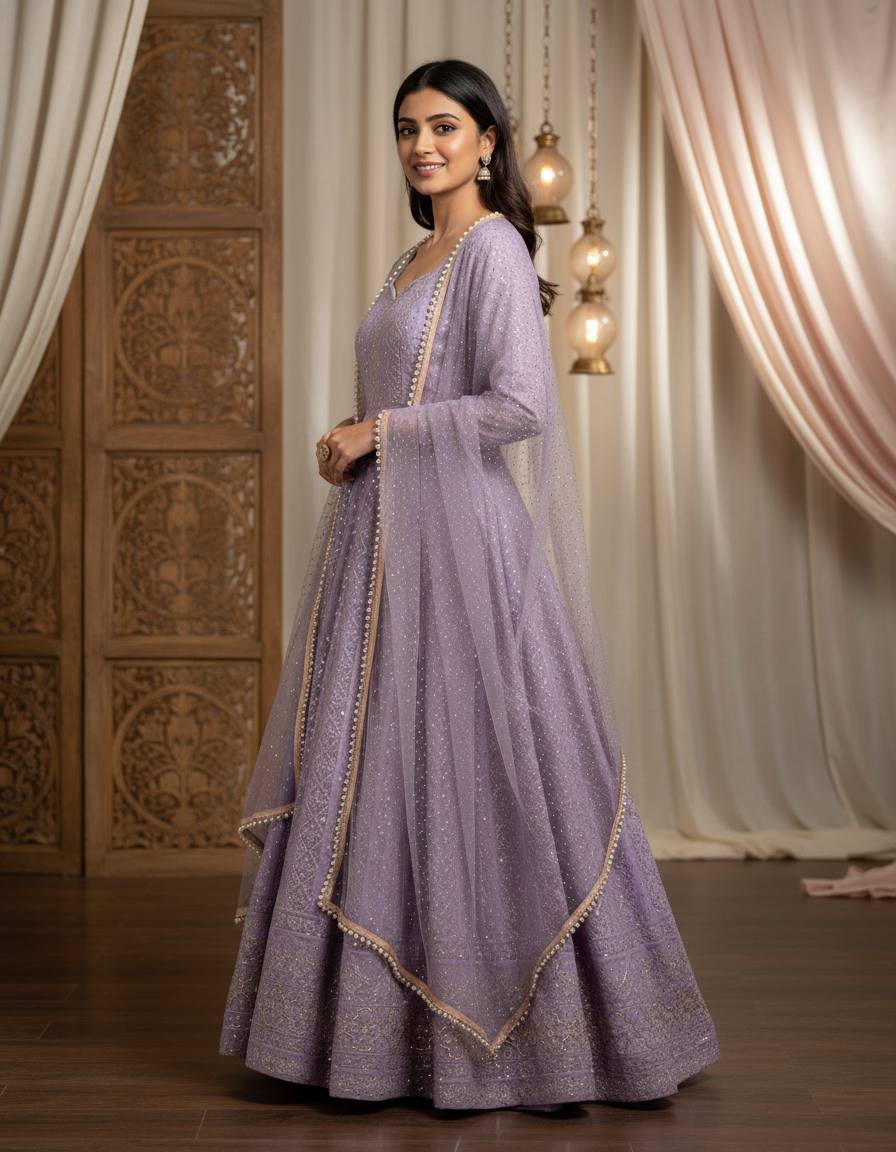 Lavender Lucknowi Embroidered Anarkali Suit Set [3 PCS]