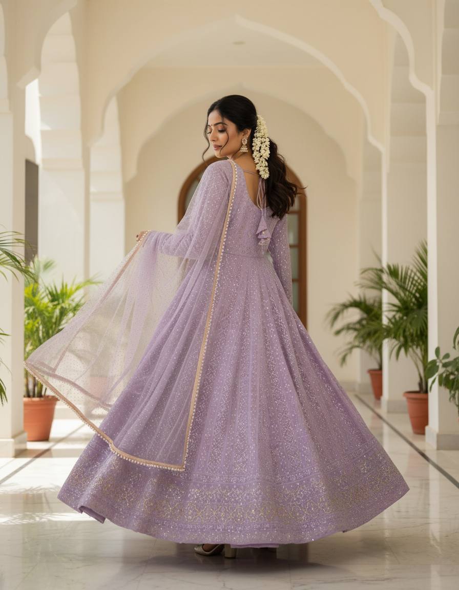 Lavender Lucknowi Embroidered Anarkali Suit Set [3 PCS]
