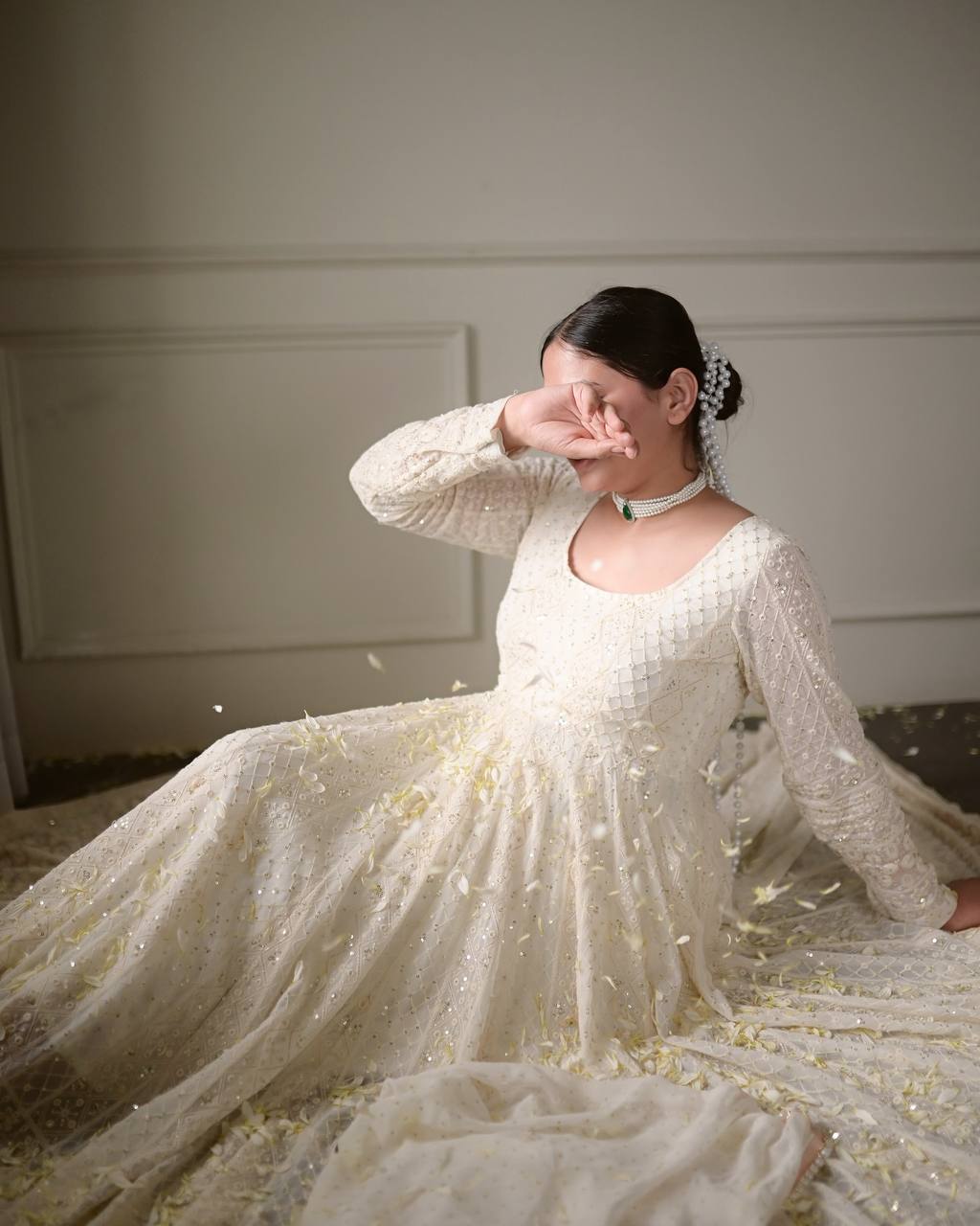 Off White Lucknowi Embroidered Anarkali Suit Set [3 PCS]