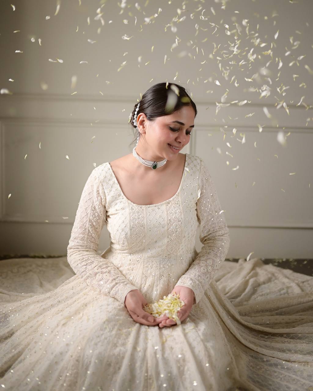 Off White Lucknowi Embroidered Anarkali Suit Set [3 PCS]