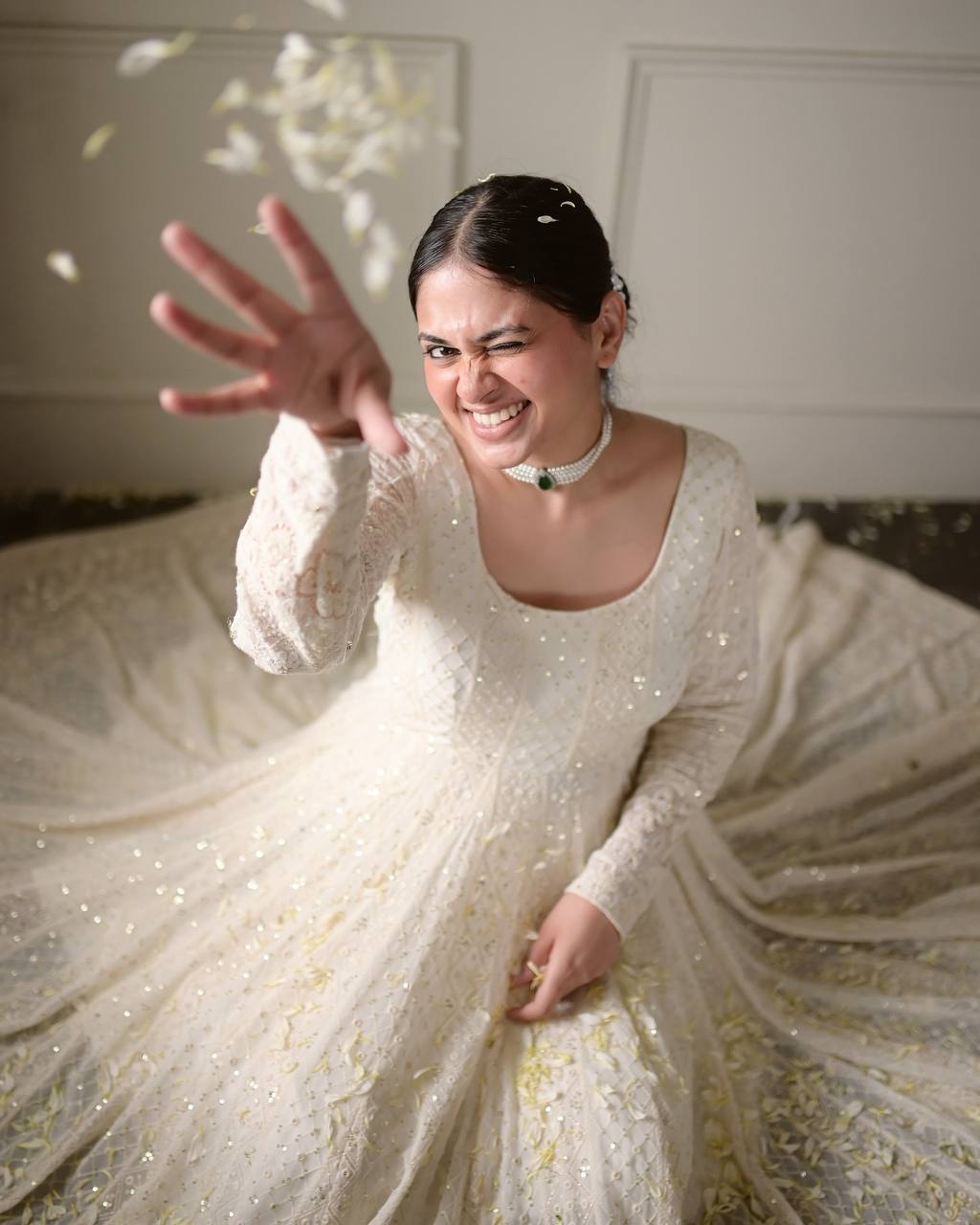 Off White Lucknowi Embroidered Anarkali Suit Set [3 PCS]