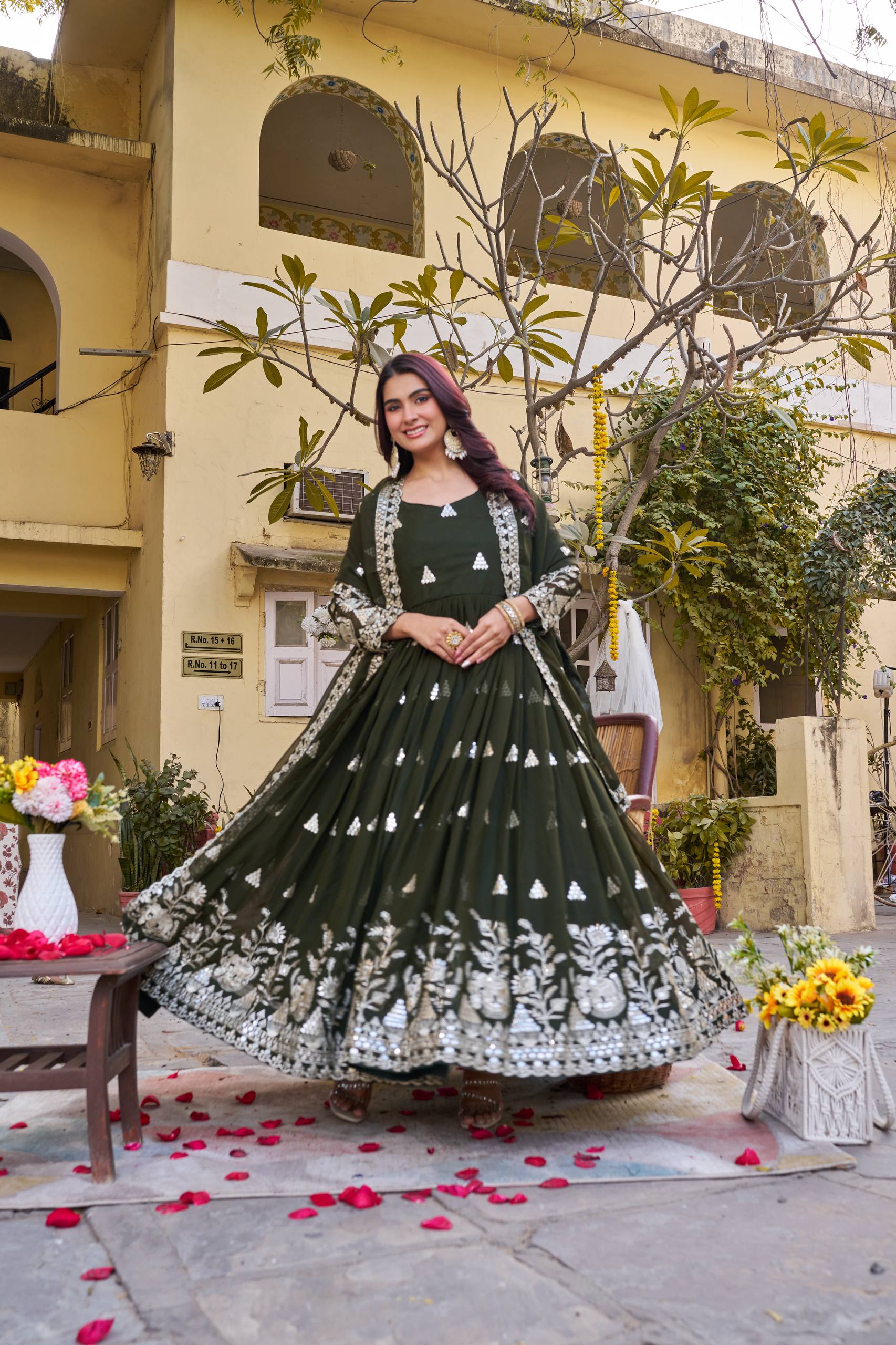 Olive Green Georgette Sequins Embroidered Festival Gown Set with Dupatta [2 PCS]
