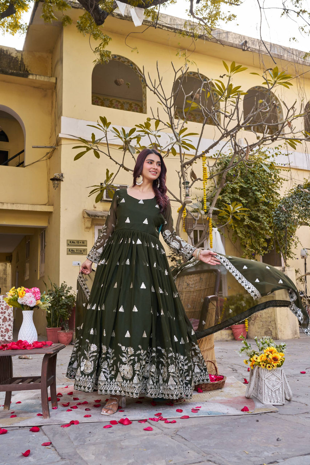 Olive Green Georgette Sequins Embroidered Festival Gown Set with Dupatta [2 PCS]