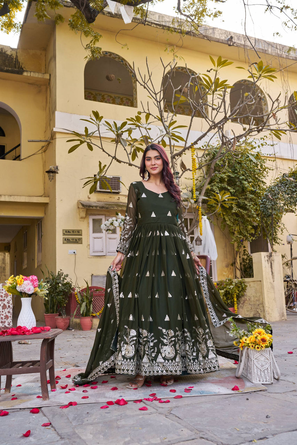 Olive Green Georgette Sequins Embroidered Festival Gown Set with Dupatta [2 PCS]