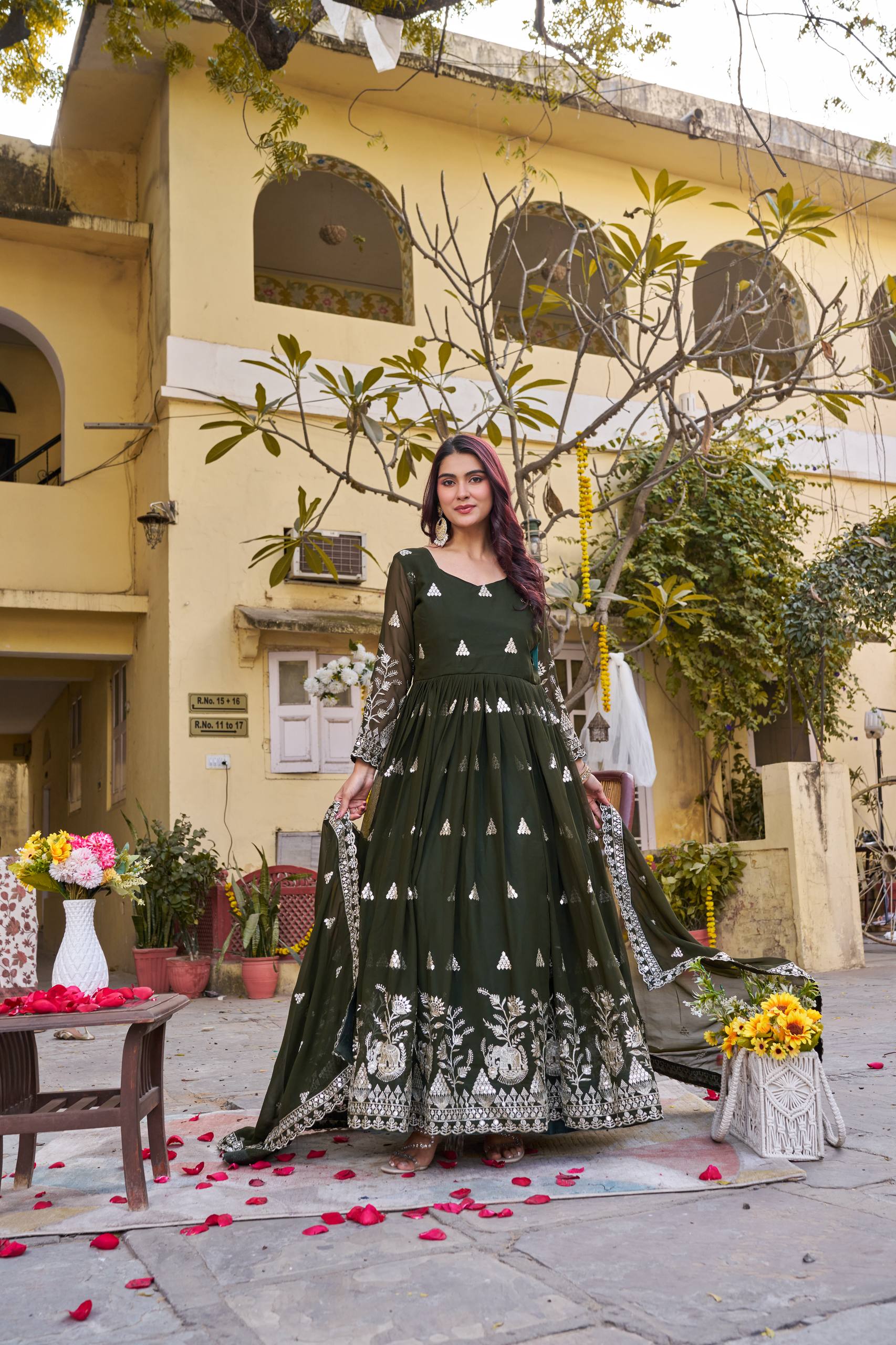 Olive Green Georgette Sequins Embroidered Festival Gown Set with Dupatta [2 PCS]
