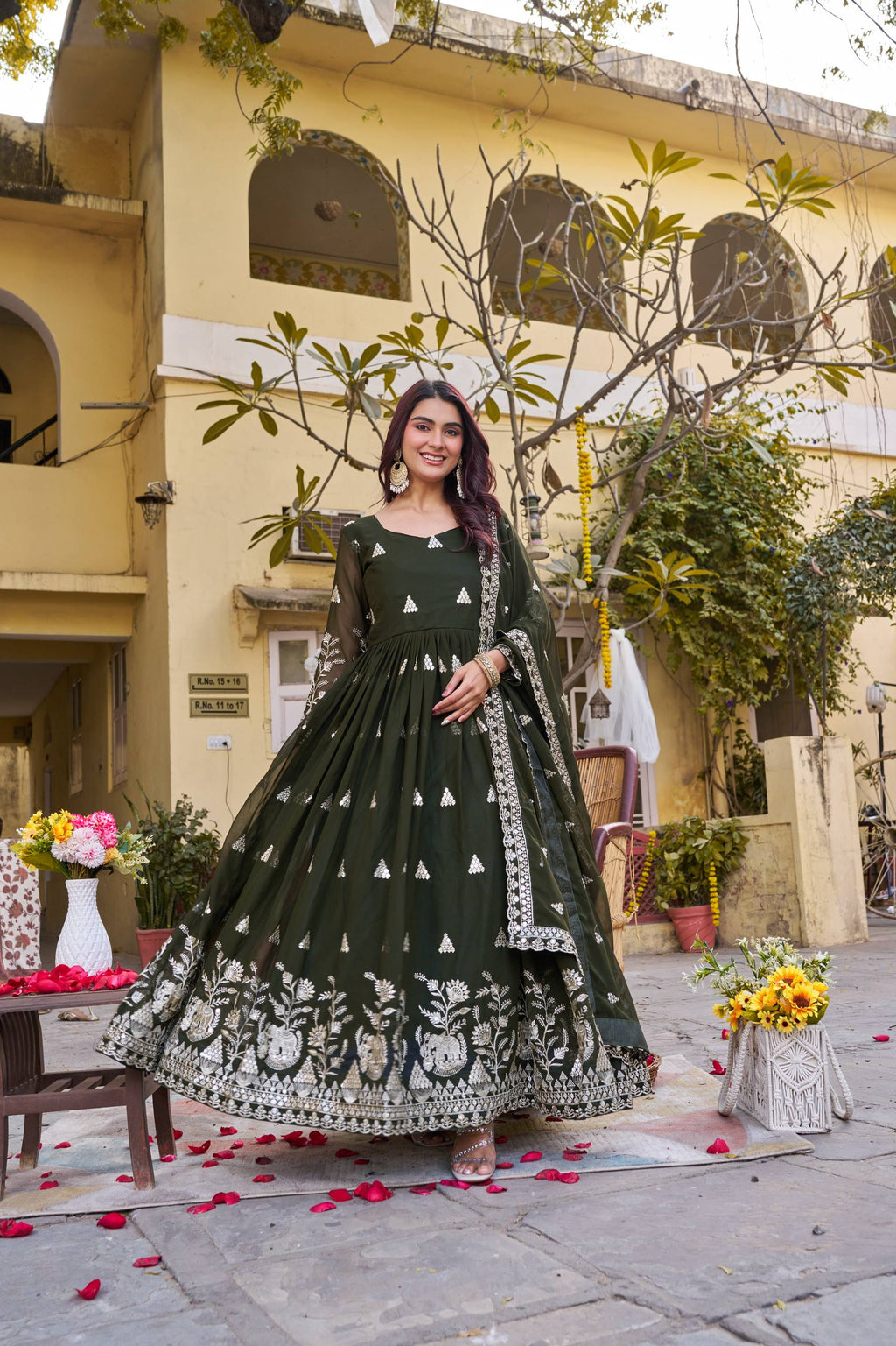 Olive Green Georgette Sequins Embroidered Festival Gown Set with Dupatta [2 PCS]