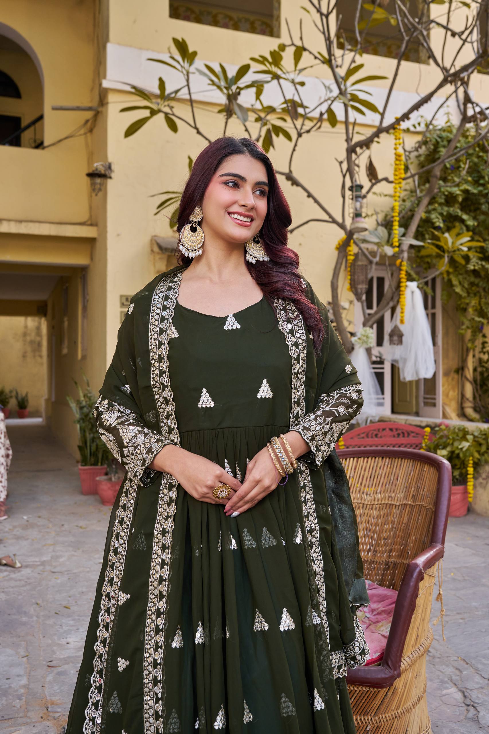 Olive Green Georgette Sequins Embroidered Festival Gown Set with Dupatta [2 PCS]