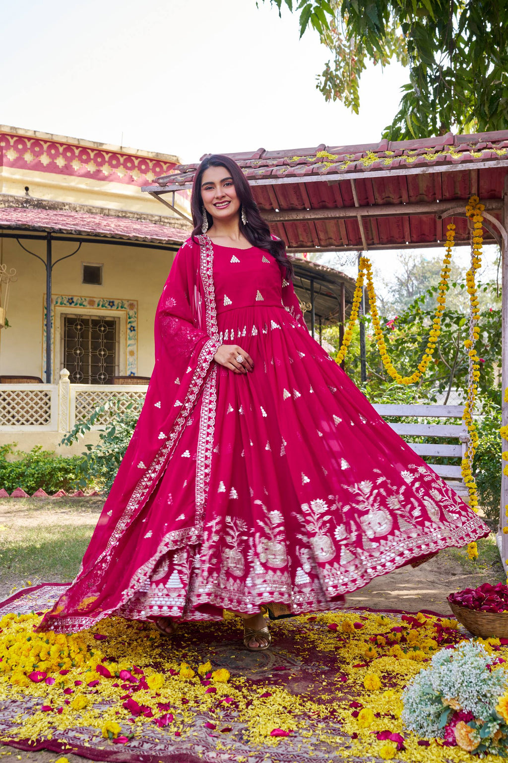 Rani Pink Georgette Sequins Embroidered Festival Gown Set with Dupatta [2 PCS]