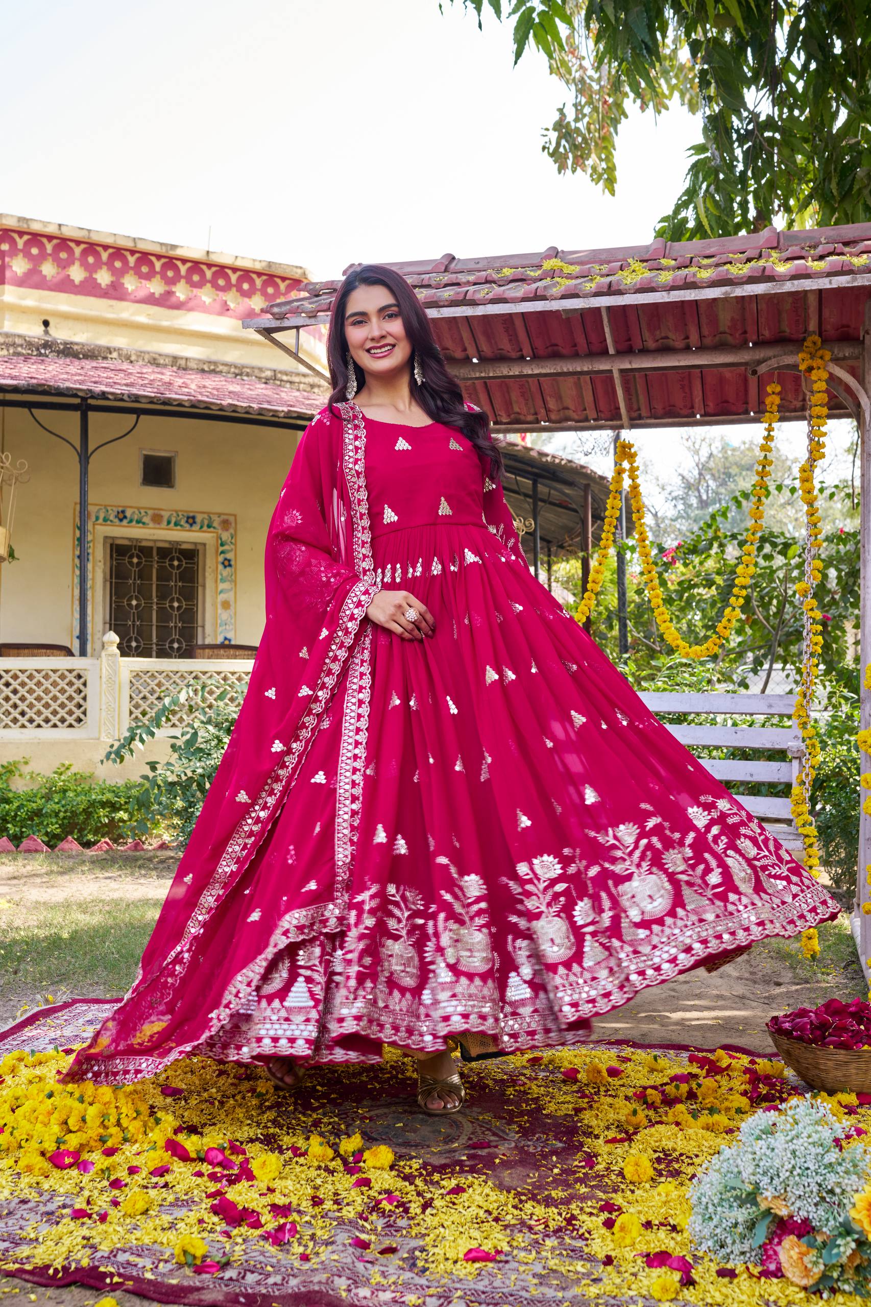 Rani Pink Georgette Sequins Embroidered Festival Gown Set with Dupatta [2 PCS]