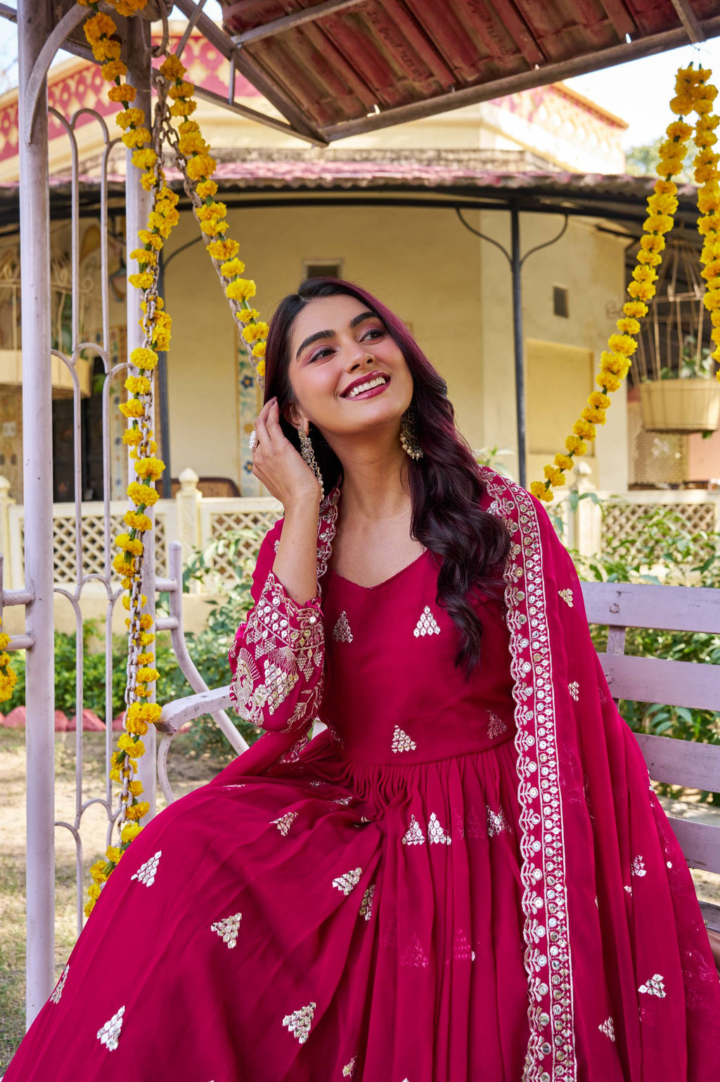 Rani Pink Georgette Sequins Embroidered Festival Gown Set with Dupatta [2 PCS]