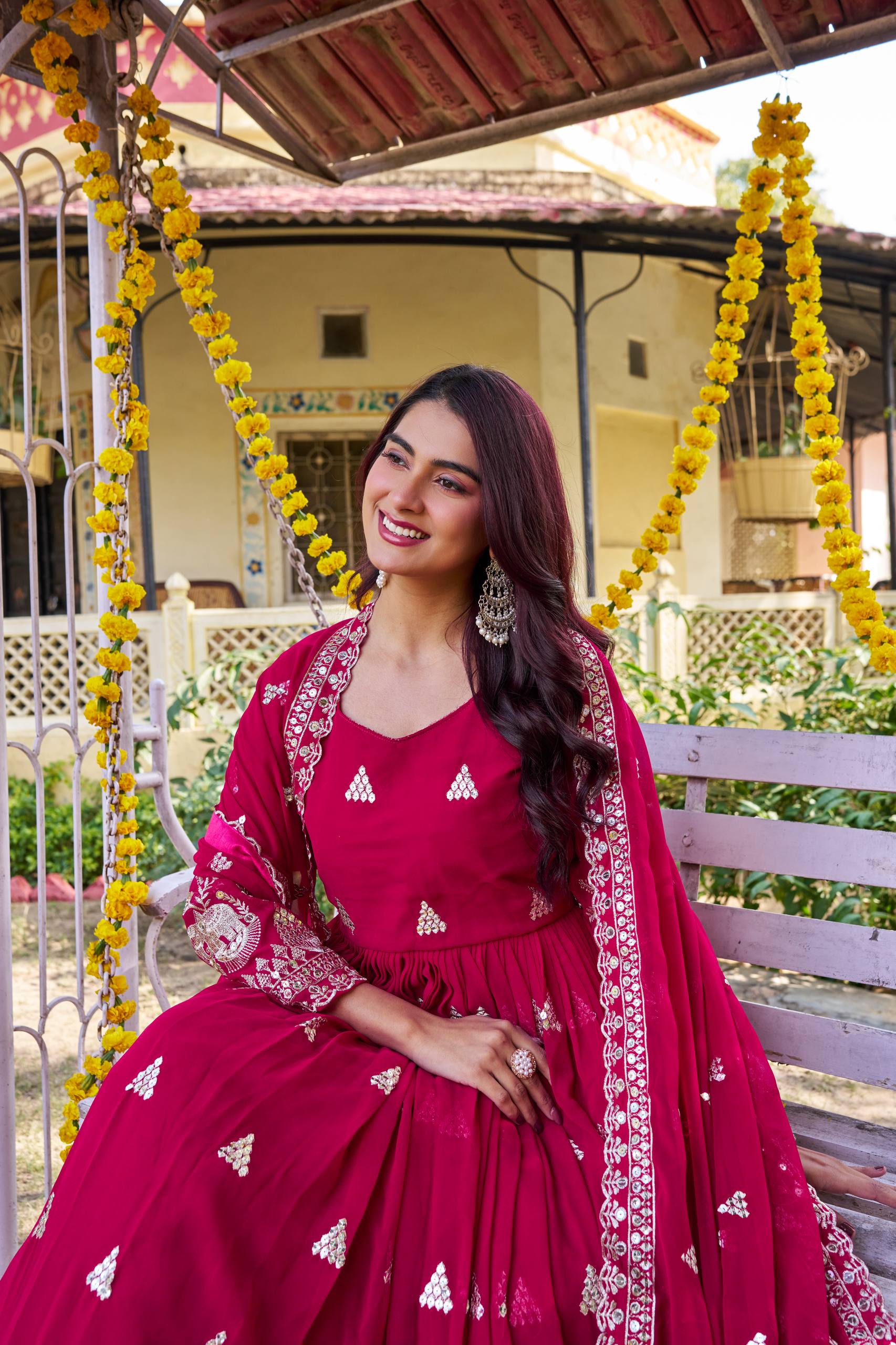Rani Pink Georgette Sequins Embroidered Festival Gown Set with Dupatta [2 PCS]