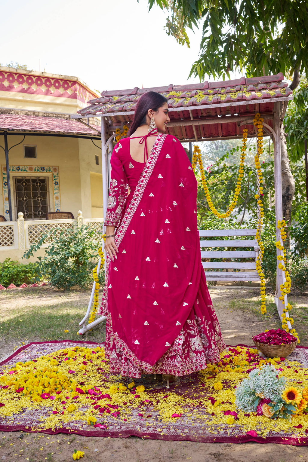 Rani Pink Georgette Sequins Embroidered Festival Gown Set with Dupatta [2 PCS]