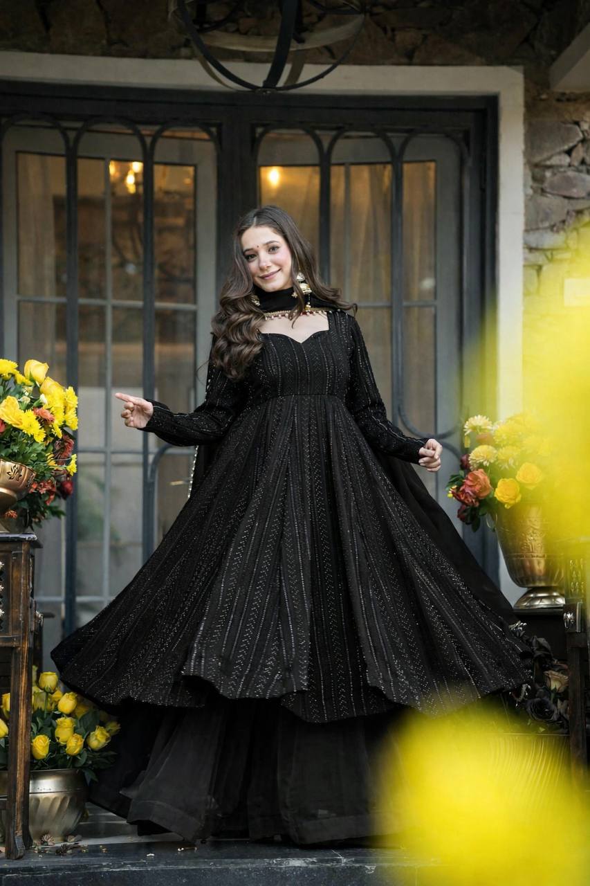 Black Sequins Zari Embroidered Anarkali Sharara Suit Set [3 PCS]