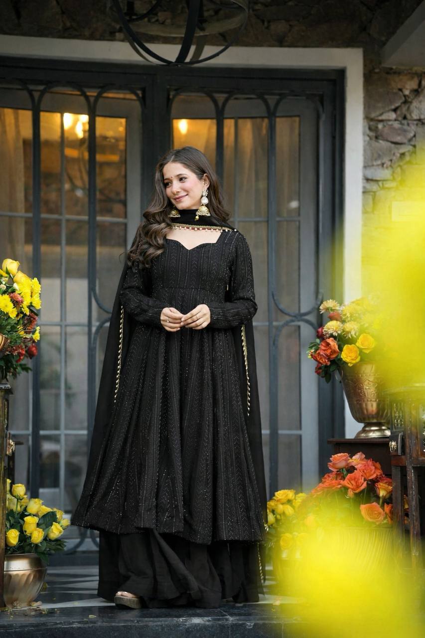 Black Sequins Zari Embroidered Anarkali Sharara Suit Set [3 PCS]