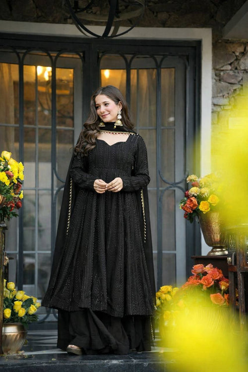 Black Sequins Zari Embroidered Anarkali Sharara Suit Set [3 PCS]