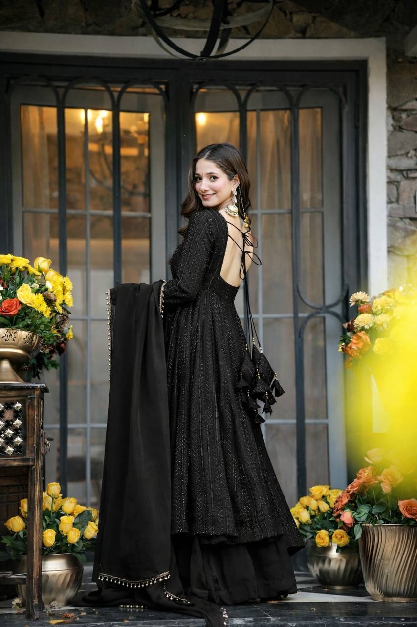Black Sequins Zari Embroidered Anarkali Sharara Suit Set [3 PCS]