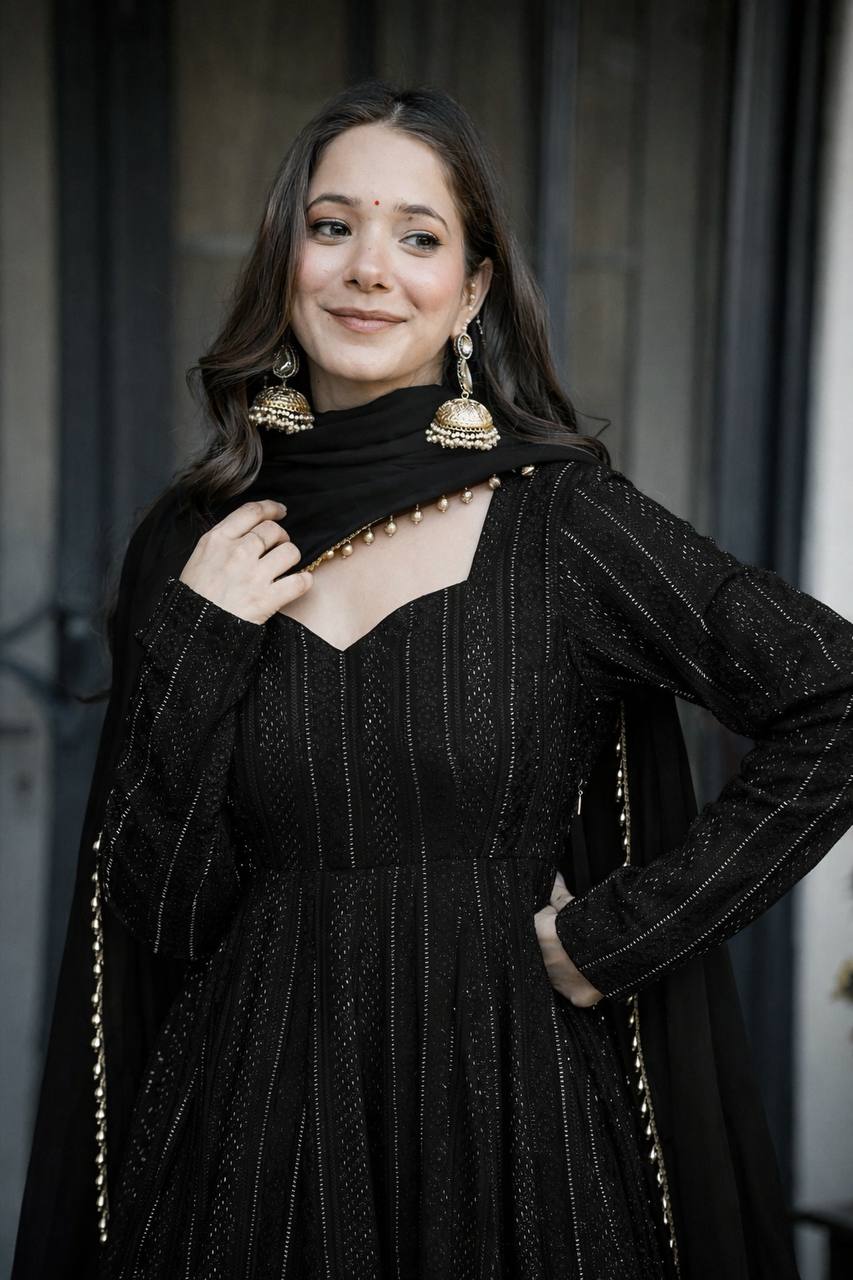 Black Sequins Zari Embroidered Anarkali Sharara Suit Set [3 PCS]