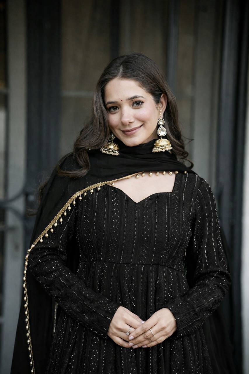 Black Sequins Zari Embroidered Anarkali Sharara Suit Set [3 PCS]