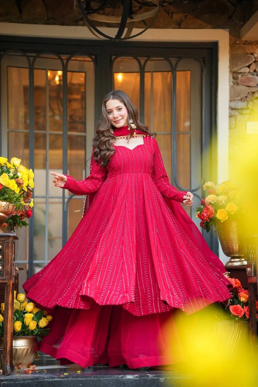 Pink Sequins Zari Embroidered Anarkali Sharara Suit Set [3 PCS]