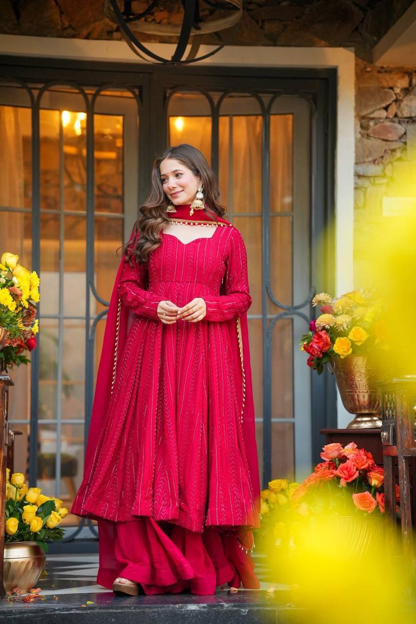 Pink Sequins Zari Embroidered Anarkali Sharara Suit Set [3 PCS]