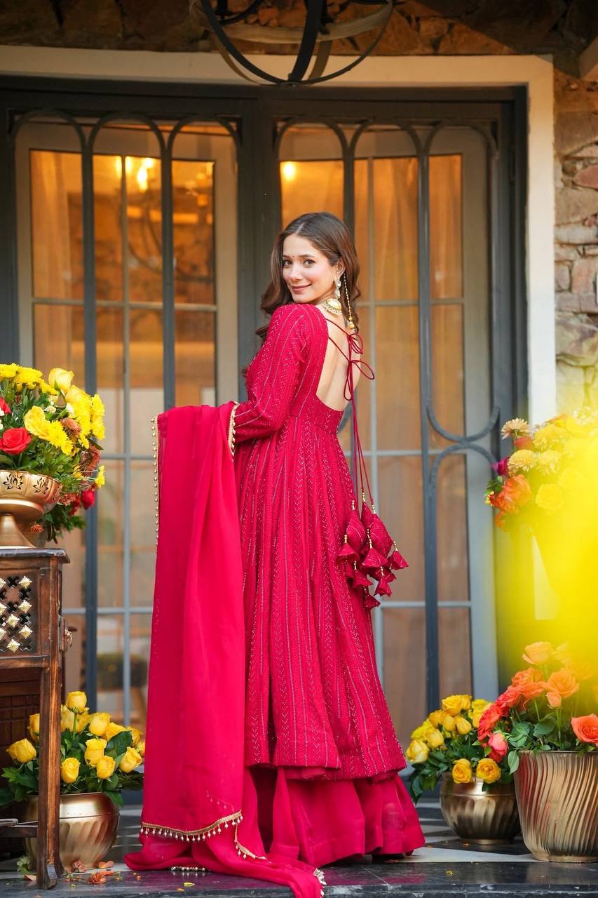 Pink Sequins Zari Embroidered Anarkali Sharara Suit Set [3 PCS]