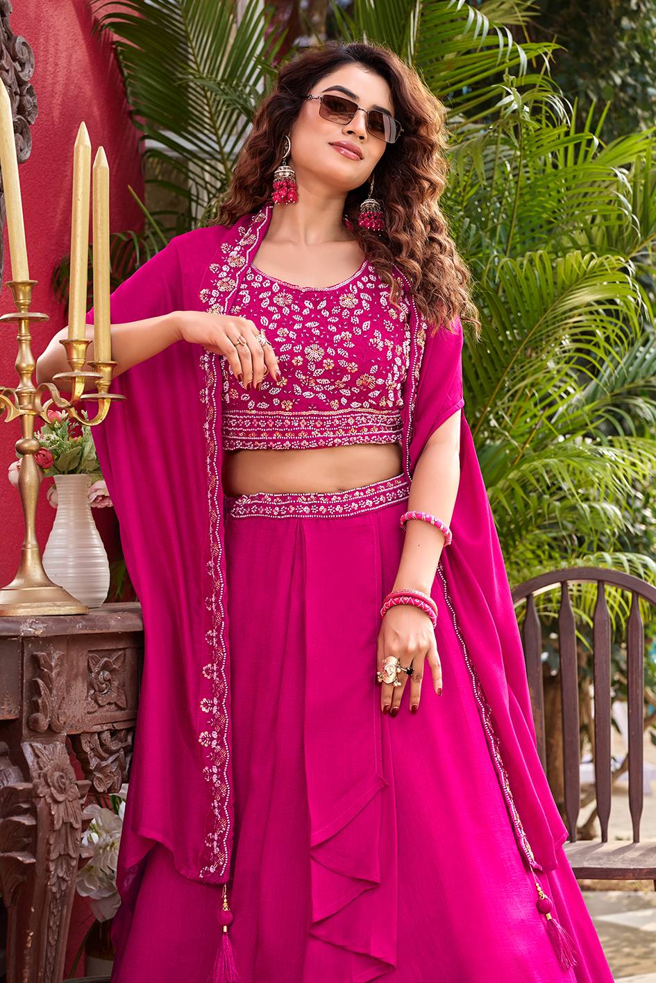 Pink Vichitra Silk Embroidered Wedding Lehenga Choli Set with Dupatta [3 PCS]