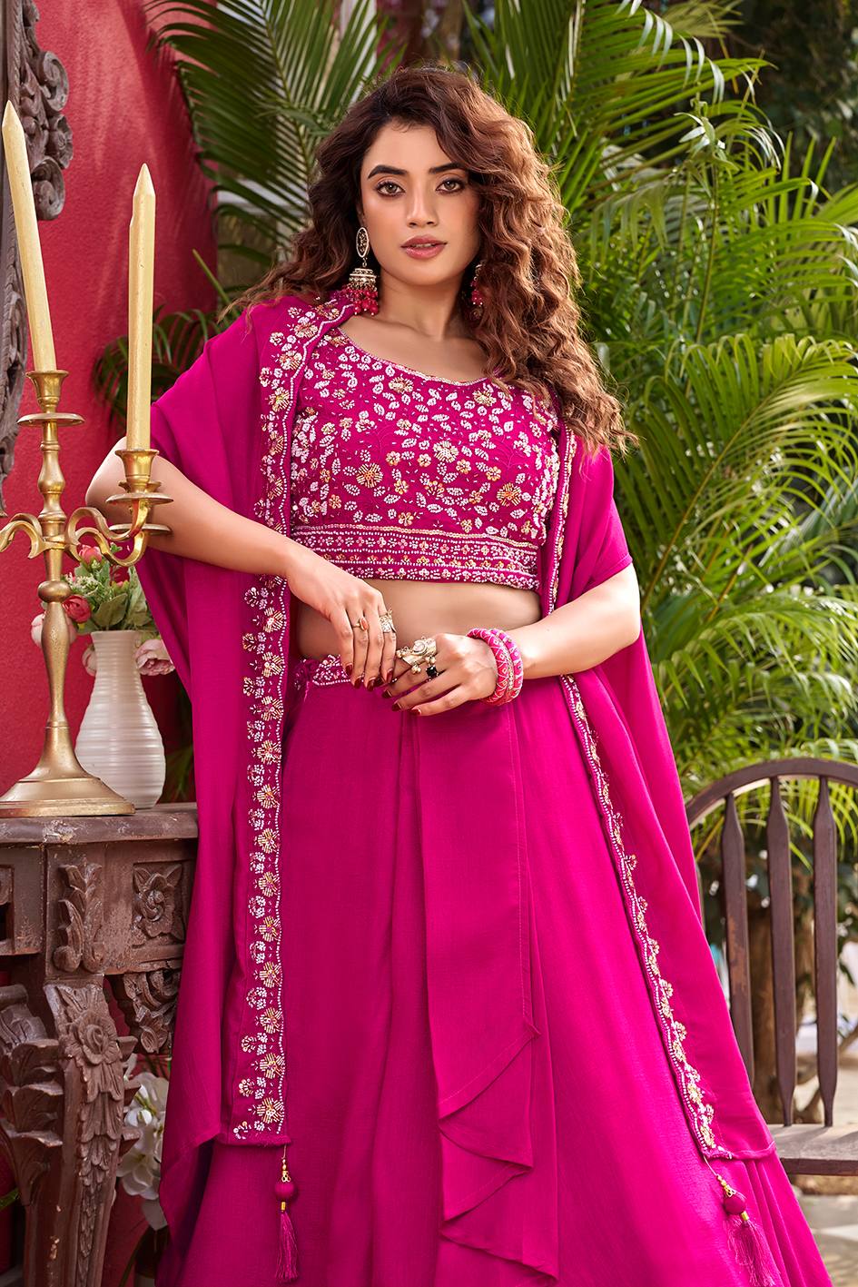 Pink Vichitra Silk Embroidered Wedding Lehenga Choli Set with Dupatta [3 PCS]