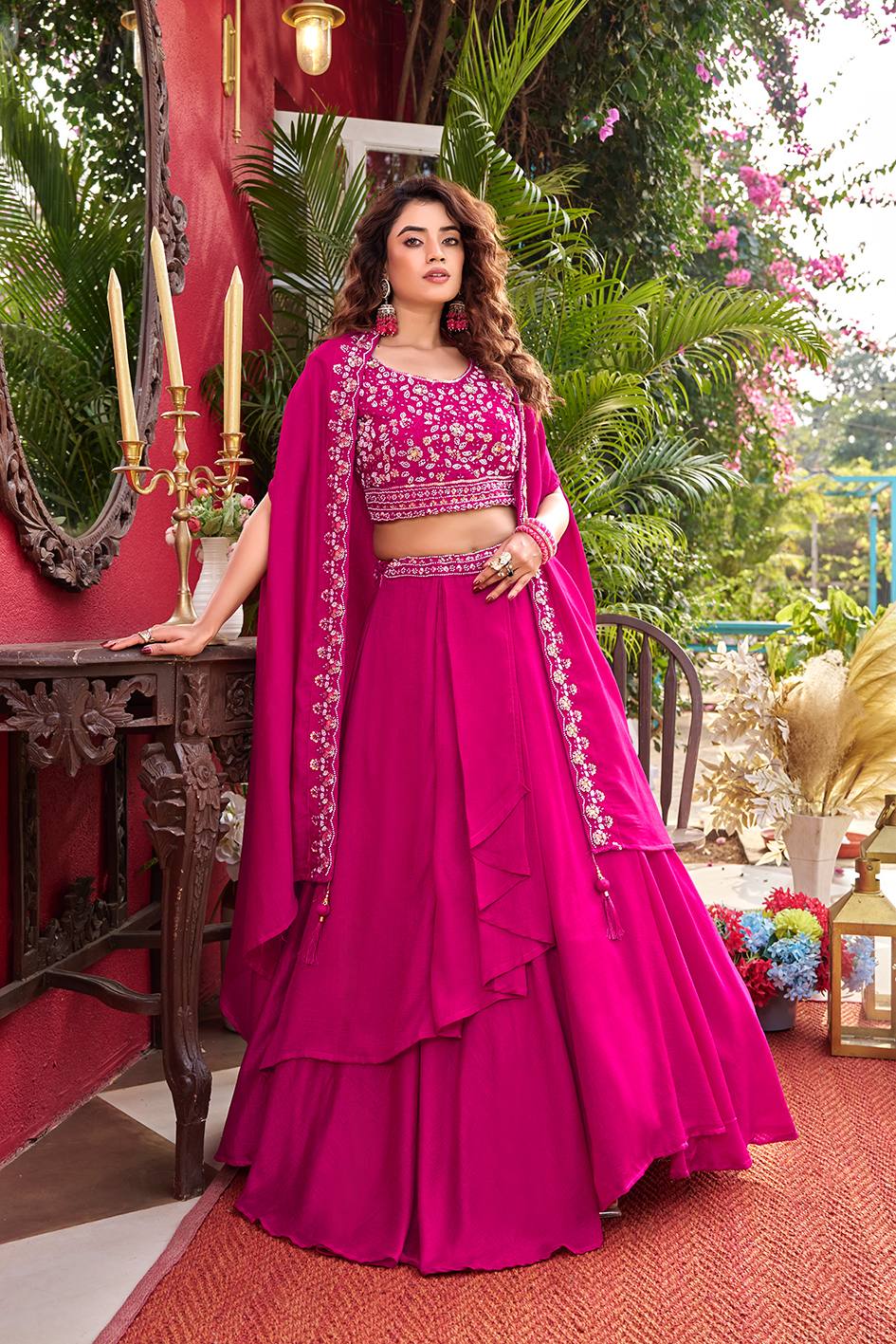 Pink Vichitra Silk Embroidered Wedding Lehenga Choli Set with Dupatta [3 PCS]