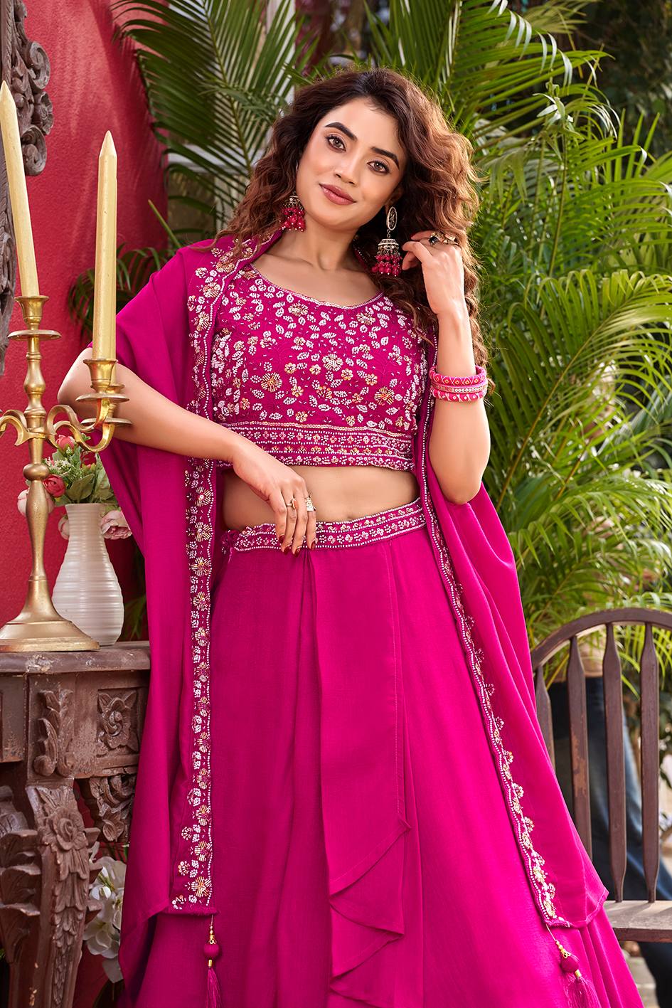 Pink Vichitra Silk Embroidered Wedding Lehenga Choli Set with Dupatta [3 PCS]