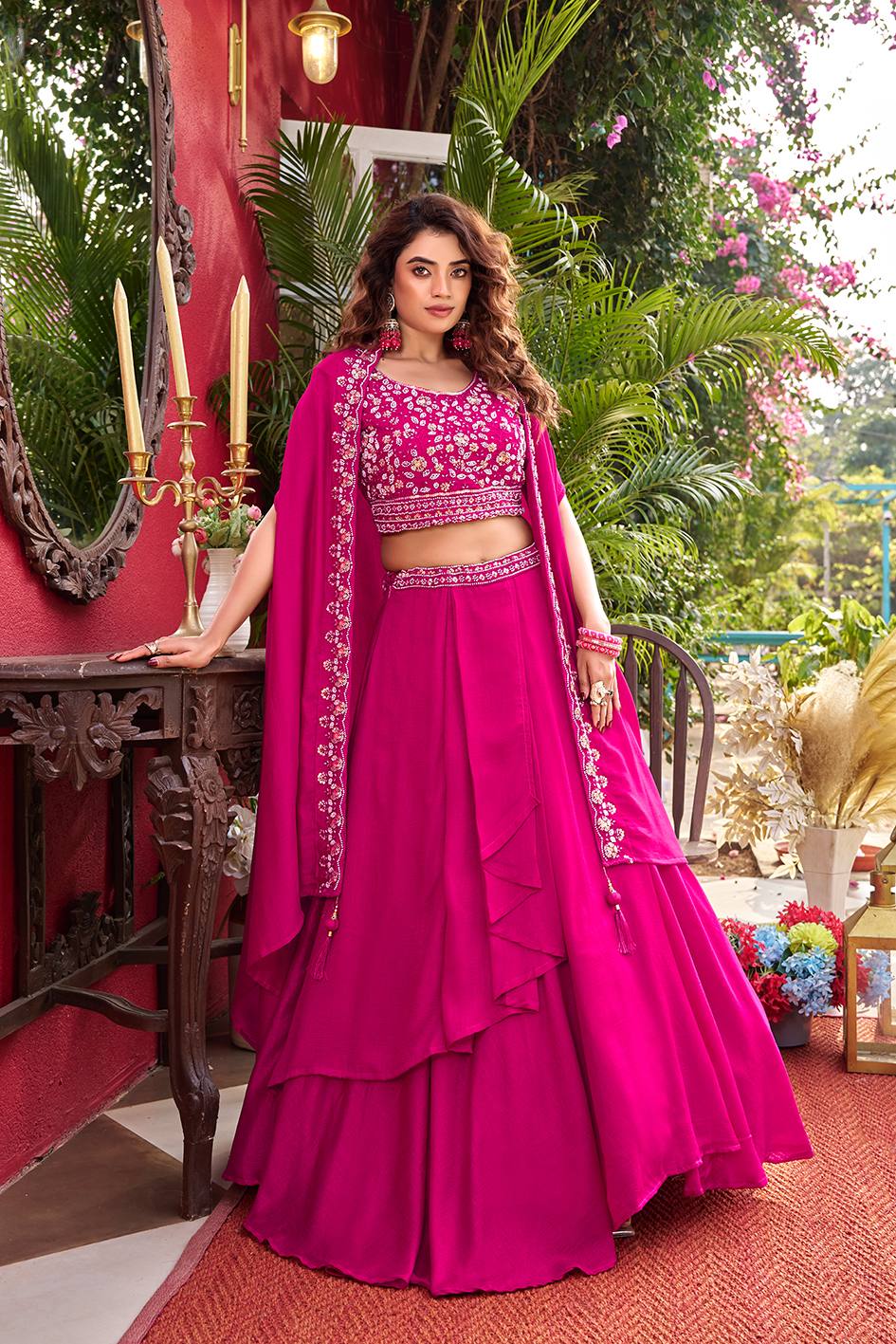 Pink Vichitra Silk Embroidered Wedding Lehenga Choli Set with Dupatta [3 PCS]