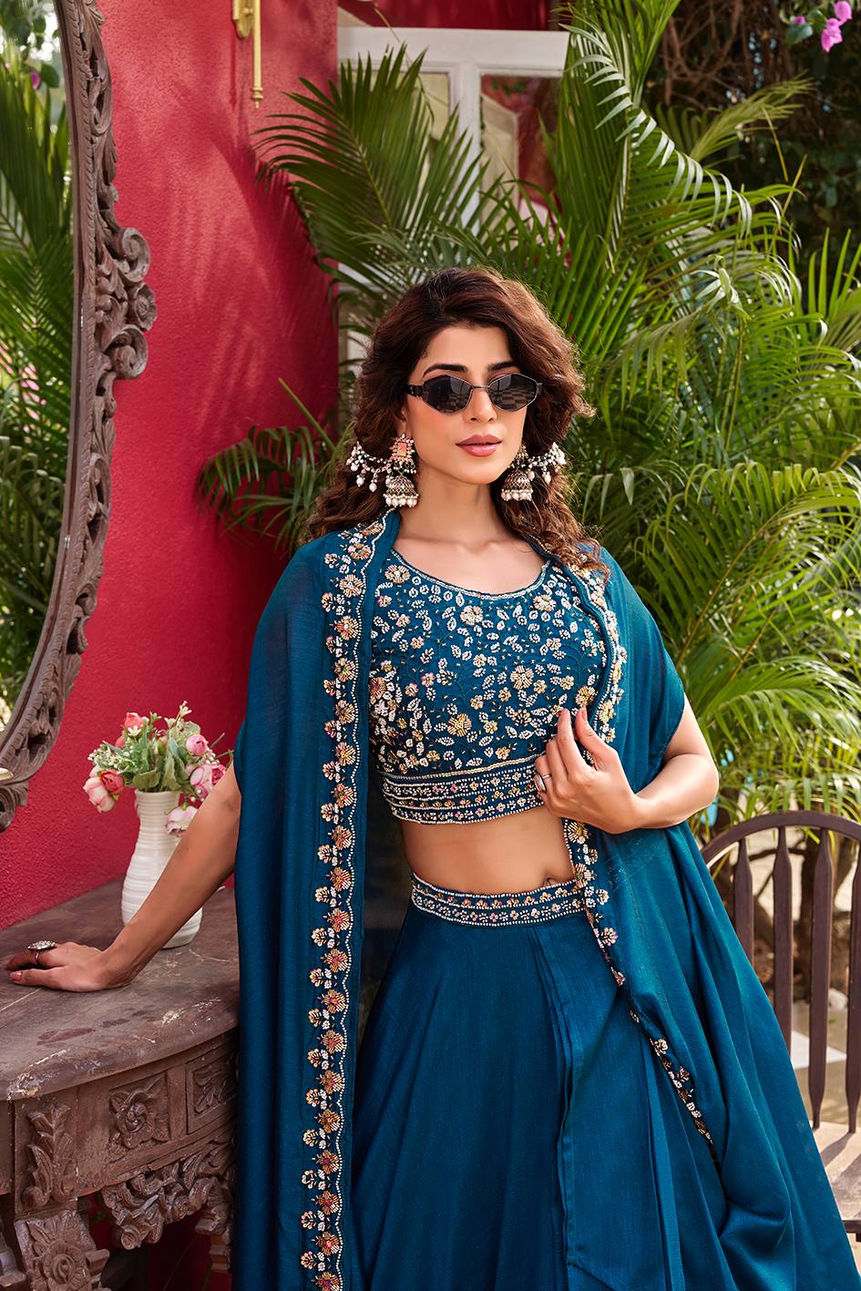 Blue Vichitra Silk Embroidered Wedding Lehenga Choli Set with Dupatta [3 PCS]