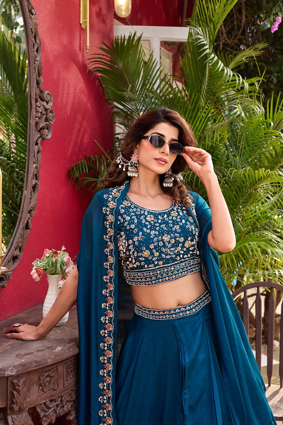 Blue Vichitra Silk Embroidered Wedding Lehenga Choli Set with Dupatta [3 PCS]