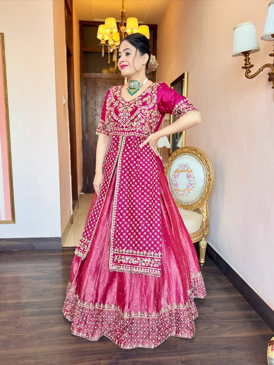 Chinon Silk Embroidered Crop Top Lehenga Set [3 PCS]