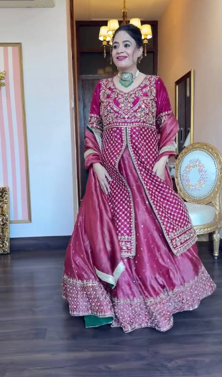 Chinon Silk Embroidered Crop Top Lehenga Set [3 PCS]