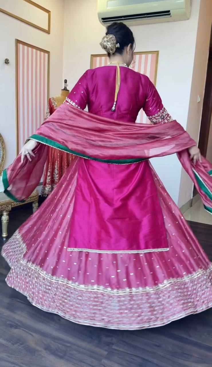 Chinon Silk Embroidered Crop Top Lehenga Set [3 PCS]