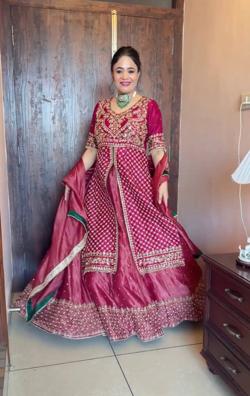 Chinon Silk Embroidered Crop Top Lehenga Set [3 PCS]