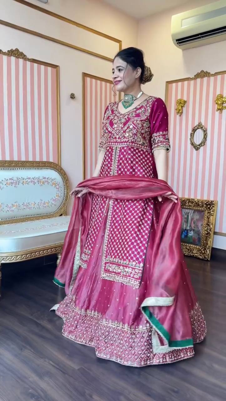 Chinon Silk Embroidered Crop Top Lehenga Set [3 PCS]