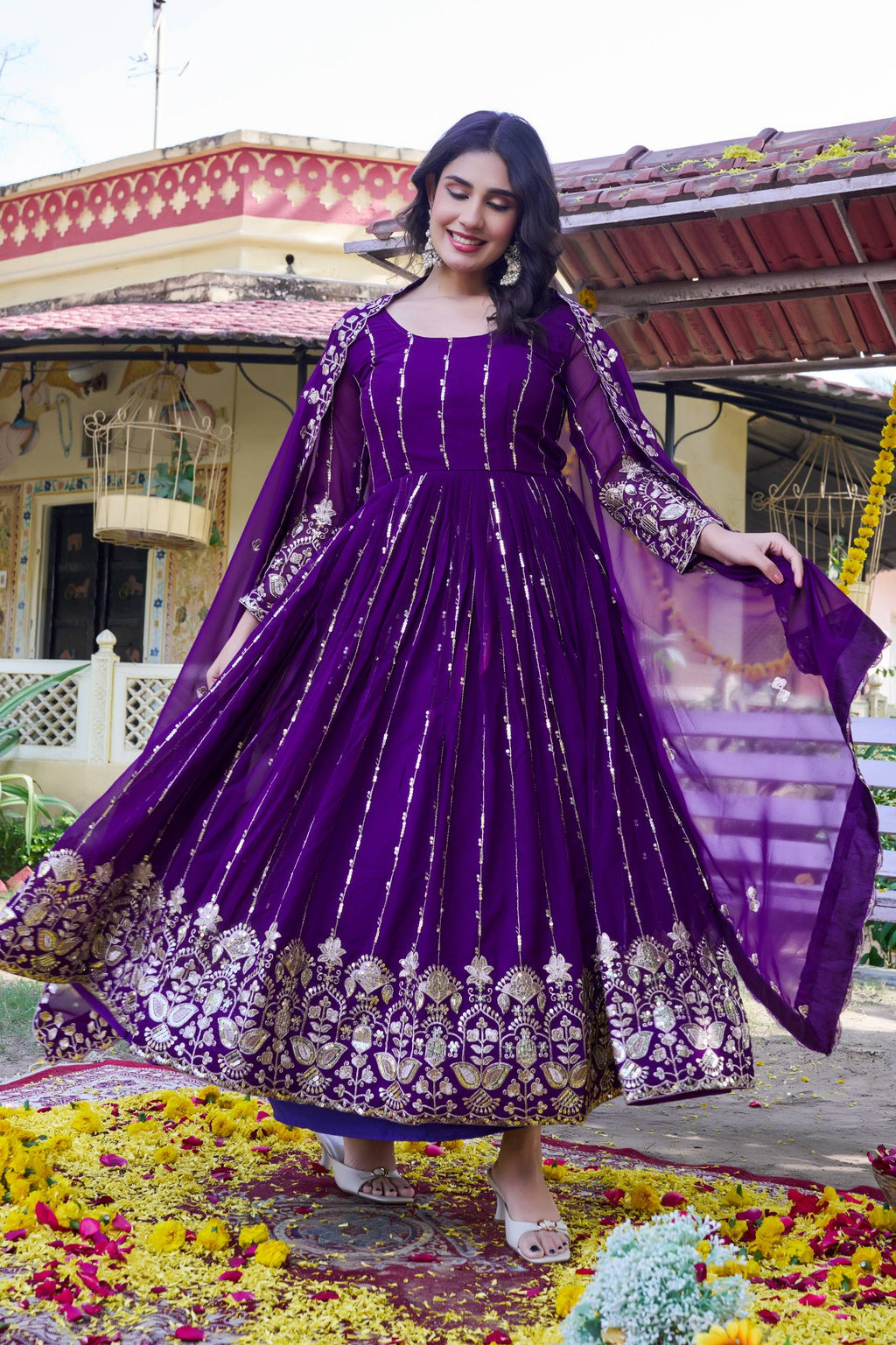 Blue Georgette Sequins Embroidered Festival Gown Set with Dupatta [2 PCS]
