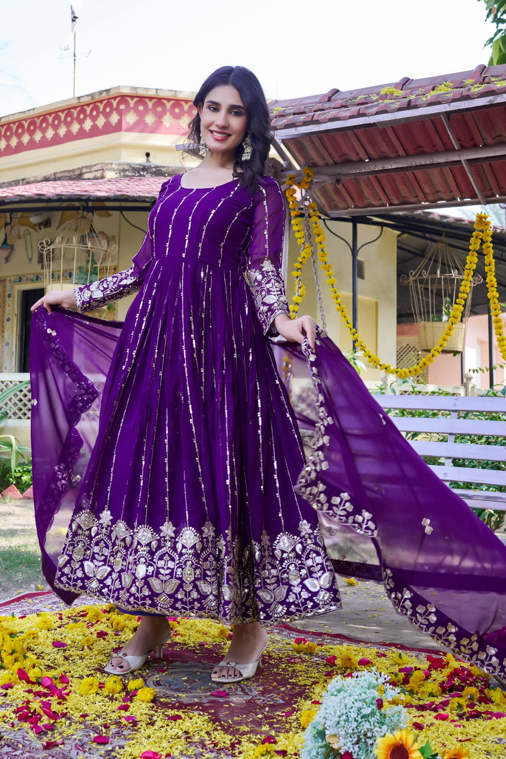 Blue Georgette Sequins Embroidered Festival Gown Set with Dupatta [2 PCS]