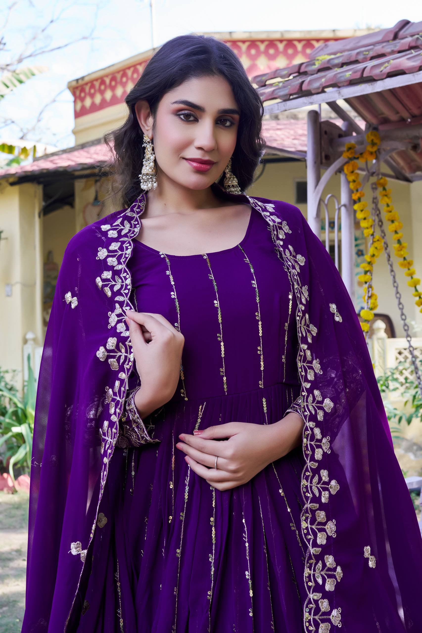 Blue Georgette Sequins Embroidered Festival Gown Set with Dupatta [2 PCS]