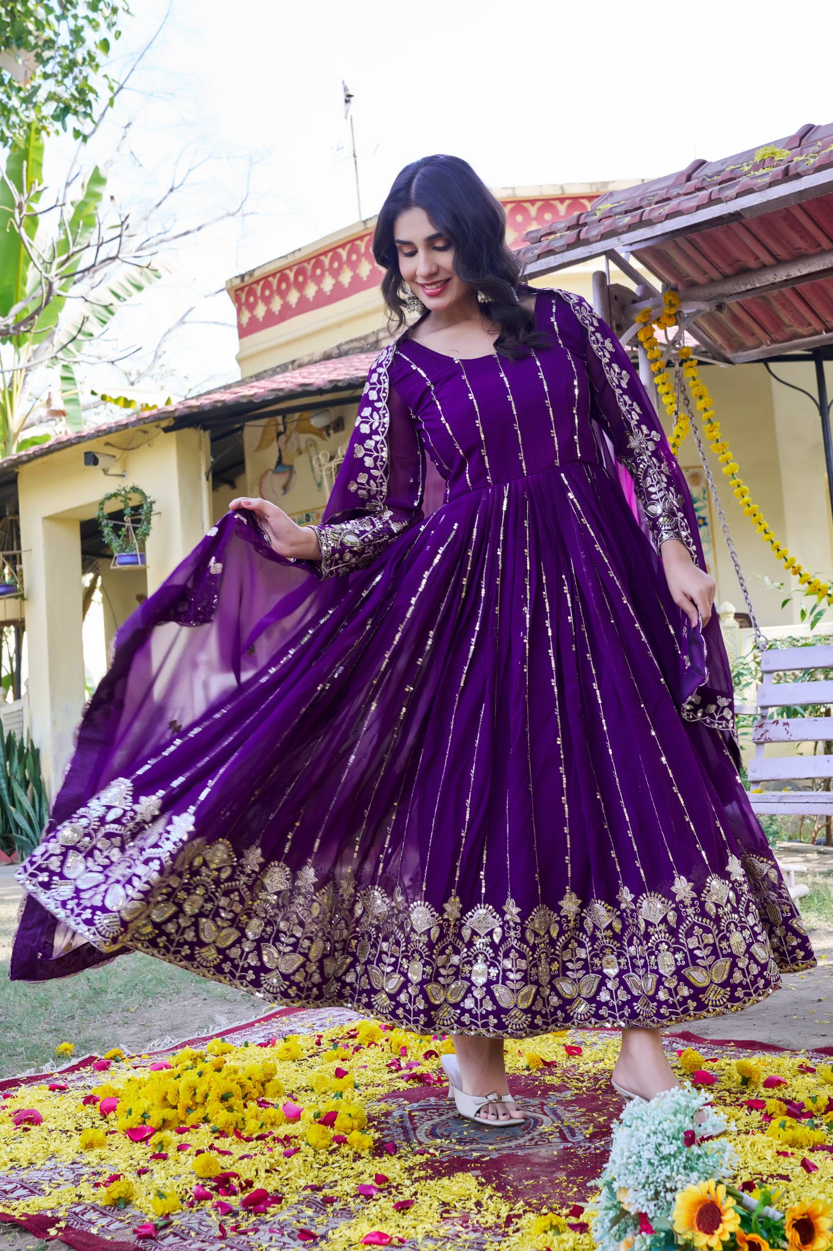 Blue Georgette Sequins Embroidered Festival Gown Set with Dupatta [2 PCS]