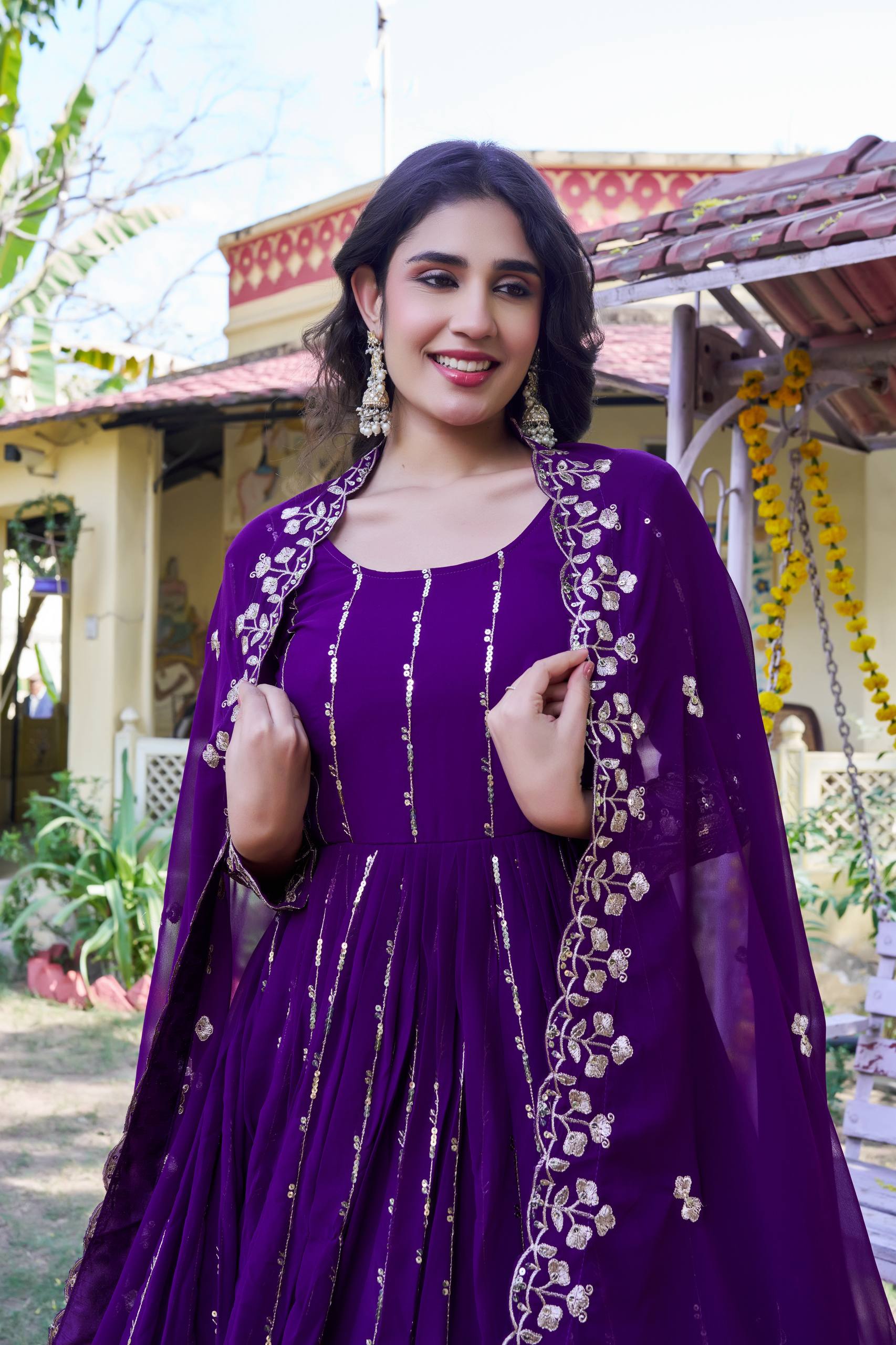 Blue Georgette Sequins Embroidered Festival Gown Set with Dupatta [2 PCS]